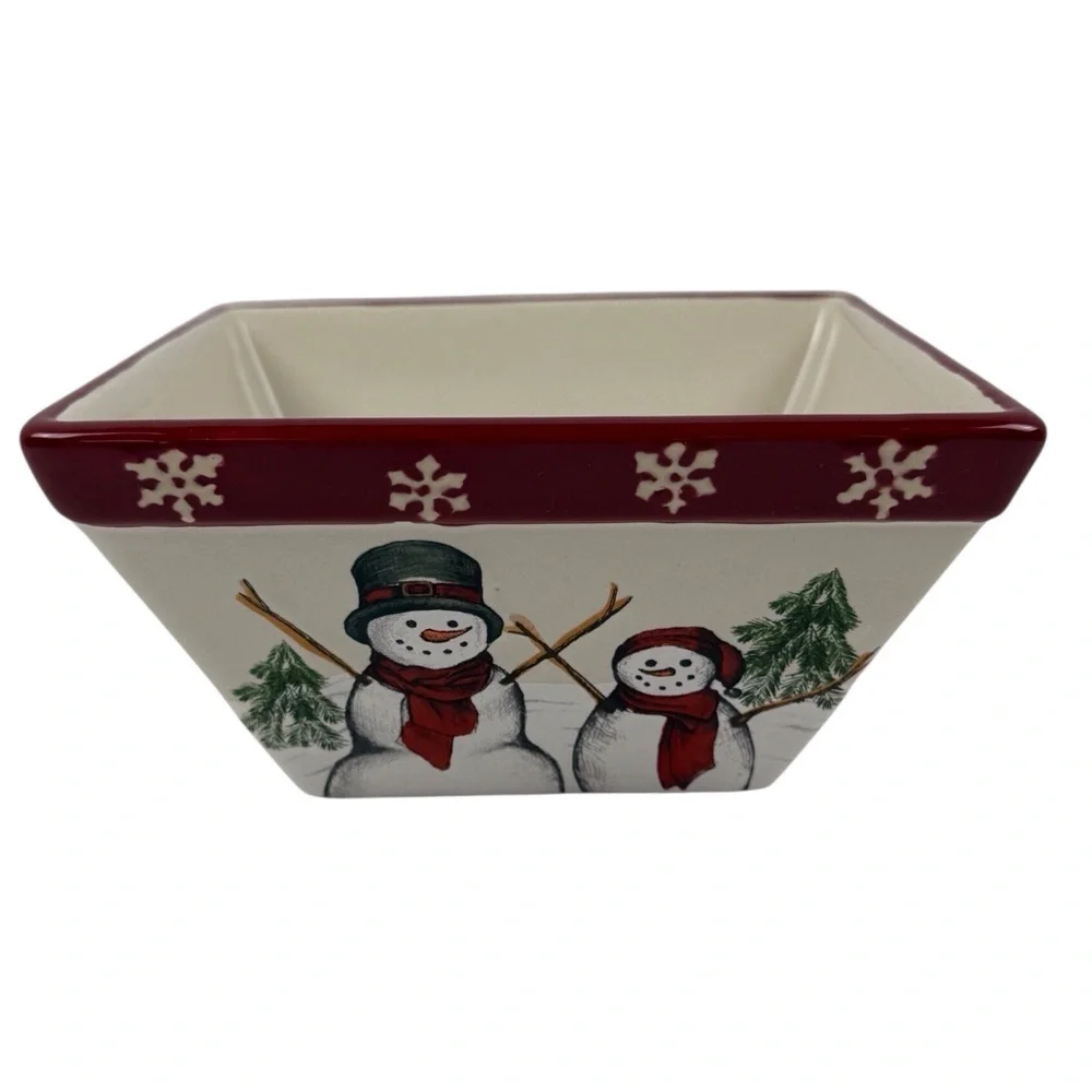 ST NICHOLAS Square “Yuletide” Snowman Square Ceramic Dish Red/Cream/Green EUC